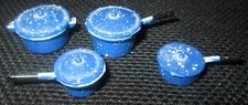 MINIATURE 7 PC DOLLHOUSE METAL ENAMELWARE BLUE SPECKLED POTS/PANS W LIDS