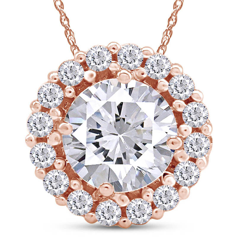 1.35 Ct Round Cut Moissanite Halo Pendant 18" Necklace 14K Solid Rose Gold