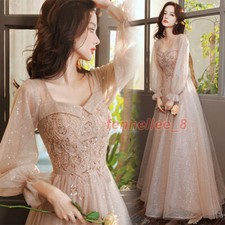 French Champagne Sequin Long Sleeve Evening Dress Prom Tulle Maxi Dress Lace Up