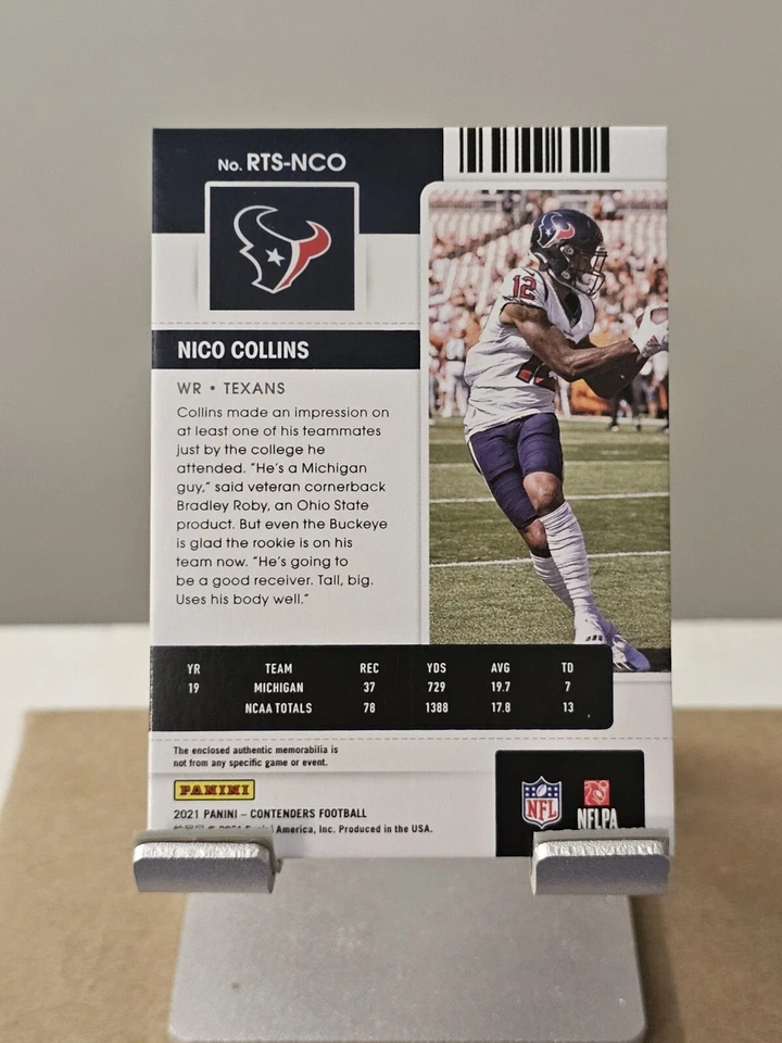 2021 Panini Contenders Nico Collins Emerald Green Rookie Ticket Materials Card - Image 2 of 2