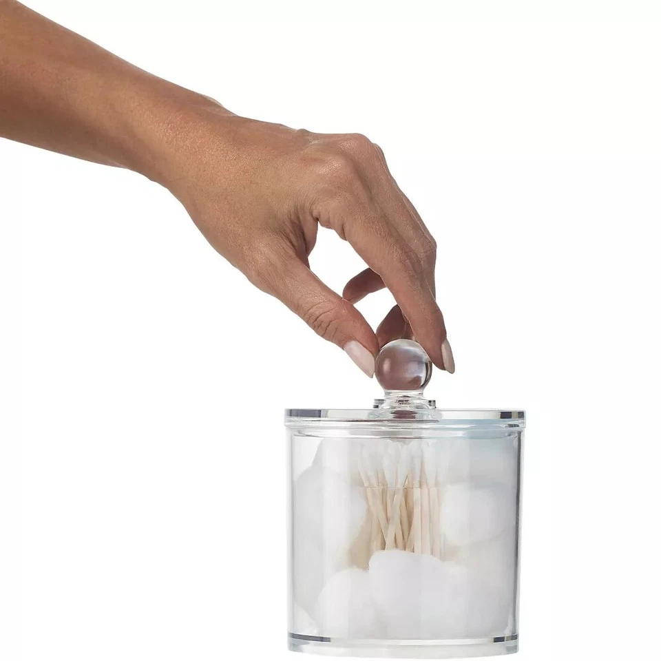 Organizador de bolas y hisopos de algodón transparente con tapa— Tarro compacto acrílico maquillaje algodón Foto 2 de 3