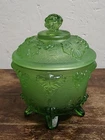 Vintage Jeanette Four Footed Green Grape Leaf Glass Candy Dish With Lid