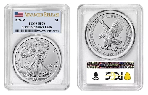2024 W BURNISHED SILVER EAGLE PCGS SP70 ADVANCED RELEASE FLAG LABEL RARITY!!!