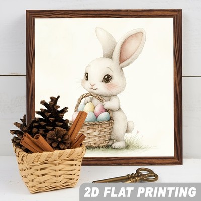 Easter Bunny with Egg Basket Wooden Plaque Cute Watercolor Rustic Wall Decor