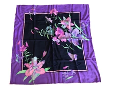 Leonard Paris Silk Scarf 36" Purple Black Orchid Floral 100% Silk hand rolled