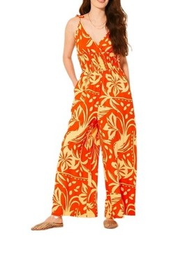 Patrons of Peace Arcadia Orange Tropical Bird Print Jumpsuit Wide Leg Pockets M