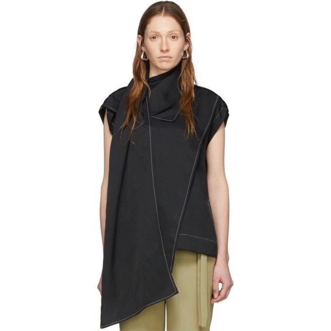 Proenza Schouler Black cap sleeve boxy Scarf Top white stitching Size 0