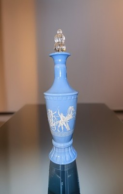Vtg 1960 JIM BEAM Greek Chariots Blue Milk Glass Decanter 12'' w/crystal stopper