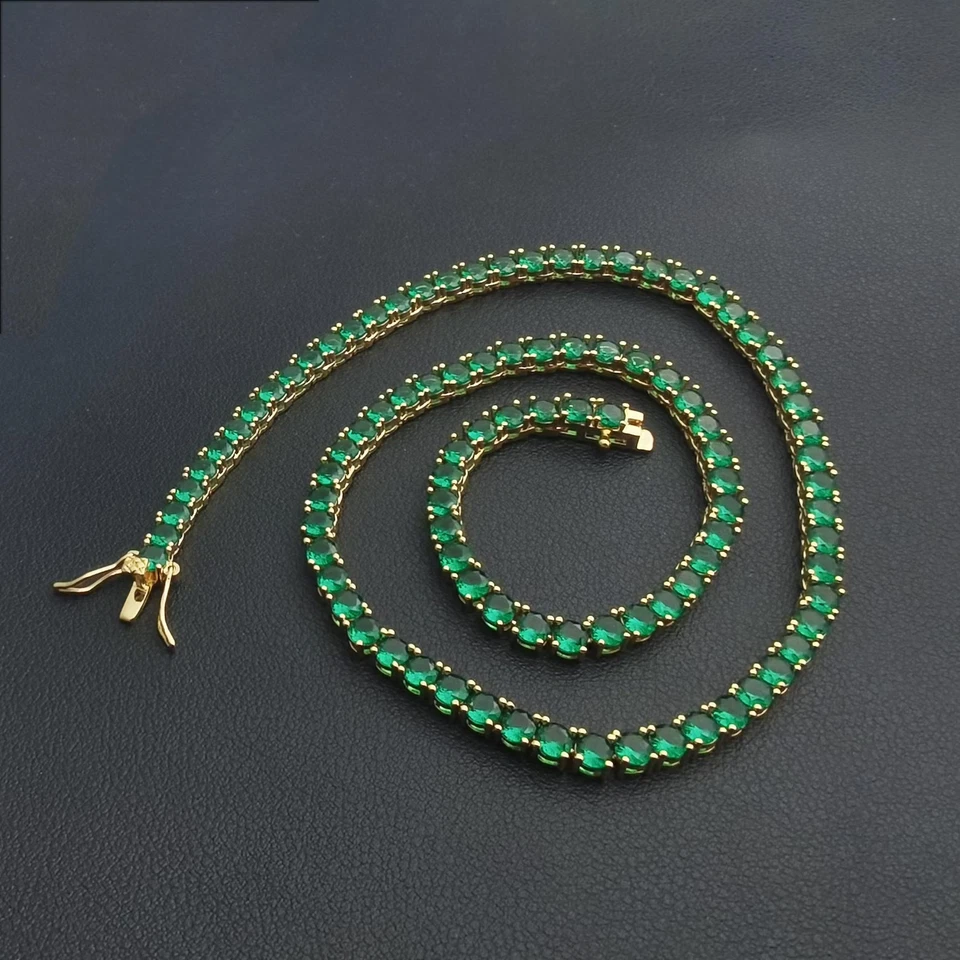 Natural Zambian Green Emerald Round Tennis Necklace 14k Solid Yellow Gold 17in - Image 2 of 2