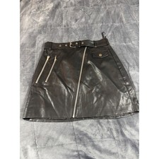 Forever 21 Womens Black Faux Leather Moto Mini Skirt Belted Asymmetrical Zip S