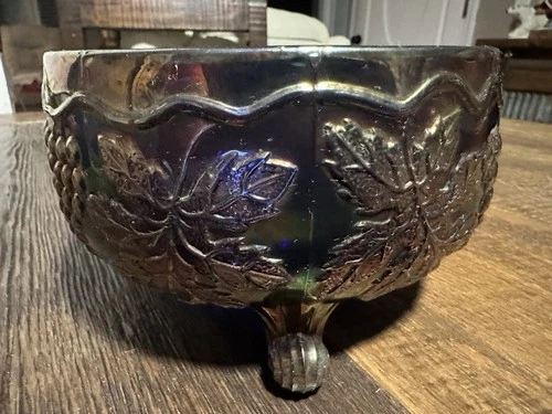 Fenton Grape & Cable Cobalt Blue Carnival Glass 3 Footed Bowl 6” Iridescent