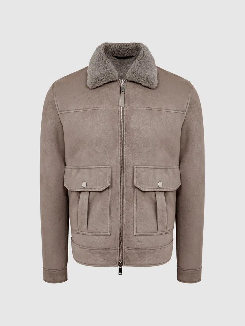 £900 NEW REISS Shearling Sheepskin Leather Jacket Suede Mens Kurow Grey image 3