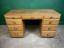 Double Pedestal 9 Drawer Elm Desk Mid Century Retro