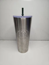 Starbucks Stainless Steel Tumbler 24 Oz Silver Cold Cup Clear Lid With Straw