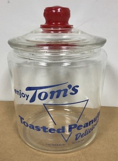 Vintage 10" TOM’S Toasted Peanuts "Delicious" Glass Jar with Red Logo Lid