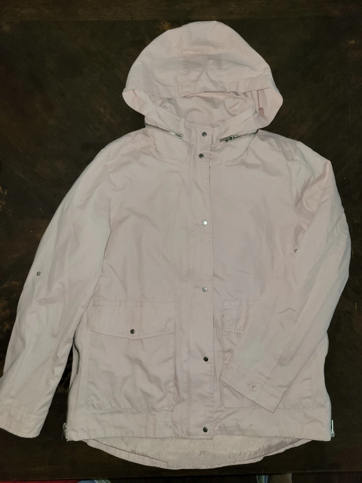 Forever 21 Jacket Womens Small Pink Zip Hood Roll Up Sleeve Windbreaker Coat