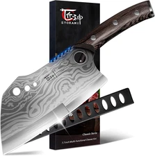 Meat Cleaver Chef Knife with Sheath, 7.7 Inch Butcher Knife with Herb Stripper, 