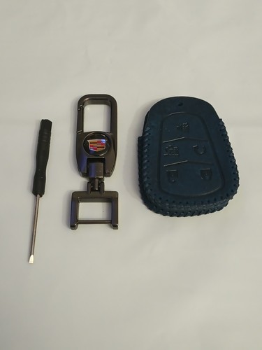 Genuine Leather Car Key 5 Button Fob Set for Cadillac Key Ring Blue Sty A - Picture 2 of 10