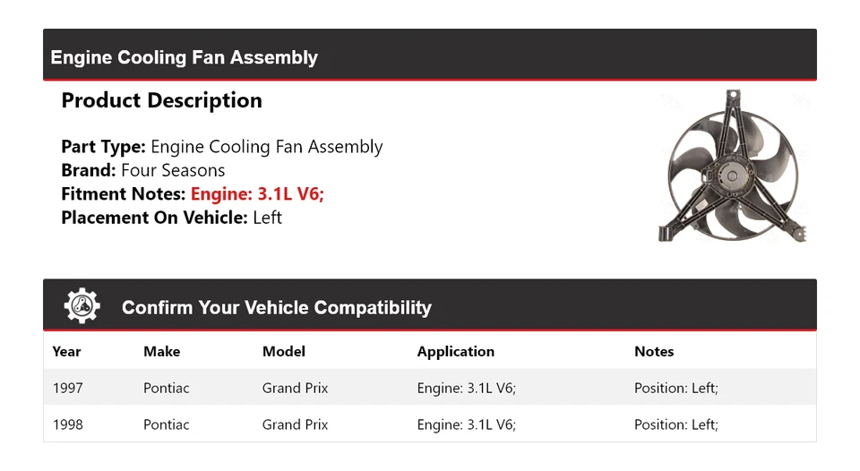Conjunto de ventilador de refrigeración izquierdo para motor Pontiac Grand Prix 1997-1998 4 estaciones Foto 2 de 4