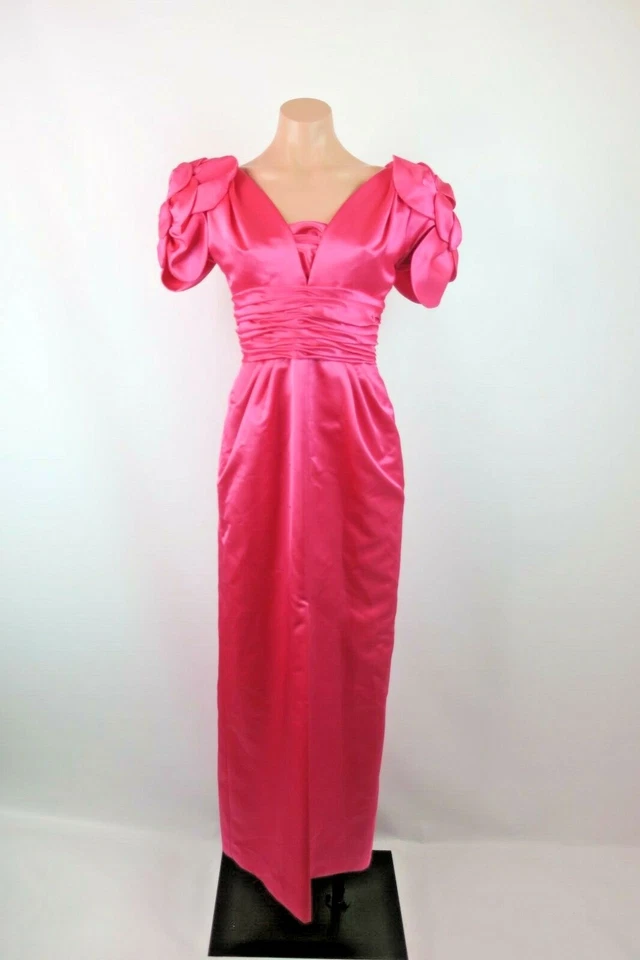 Lo último Vestido de Noche Rosa Manga Hinchada Satén Vestido Talla M Rosa Tafetán Vintage Años 80 Foto 3 de 4