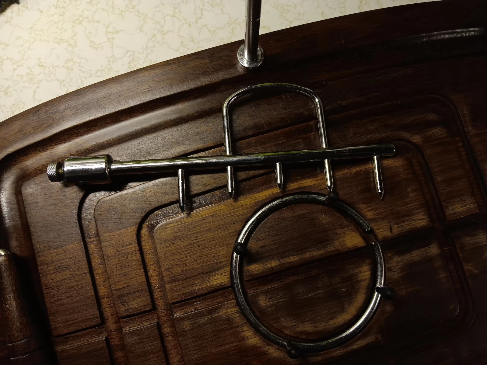 Vintage Wooden Carving Cutting Board Meat Holder w/ Metal Arm Holding