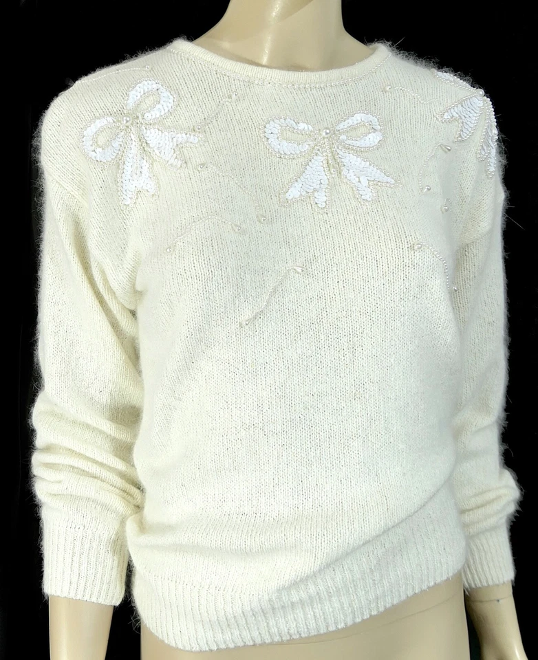 Suéter Vintage Años 80 90 Seda Angora Lana de Cordero Lentejuelas Perla Lazo Cuentas S Foto 4 de 4