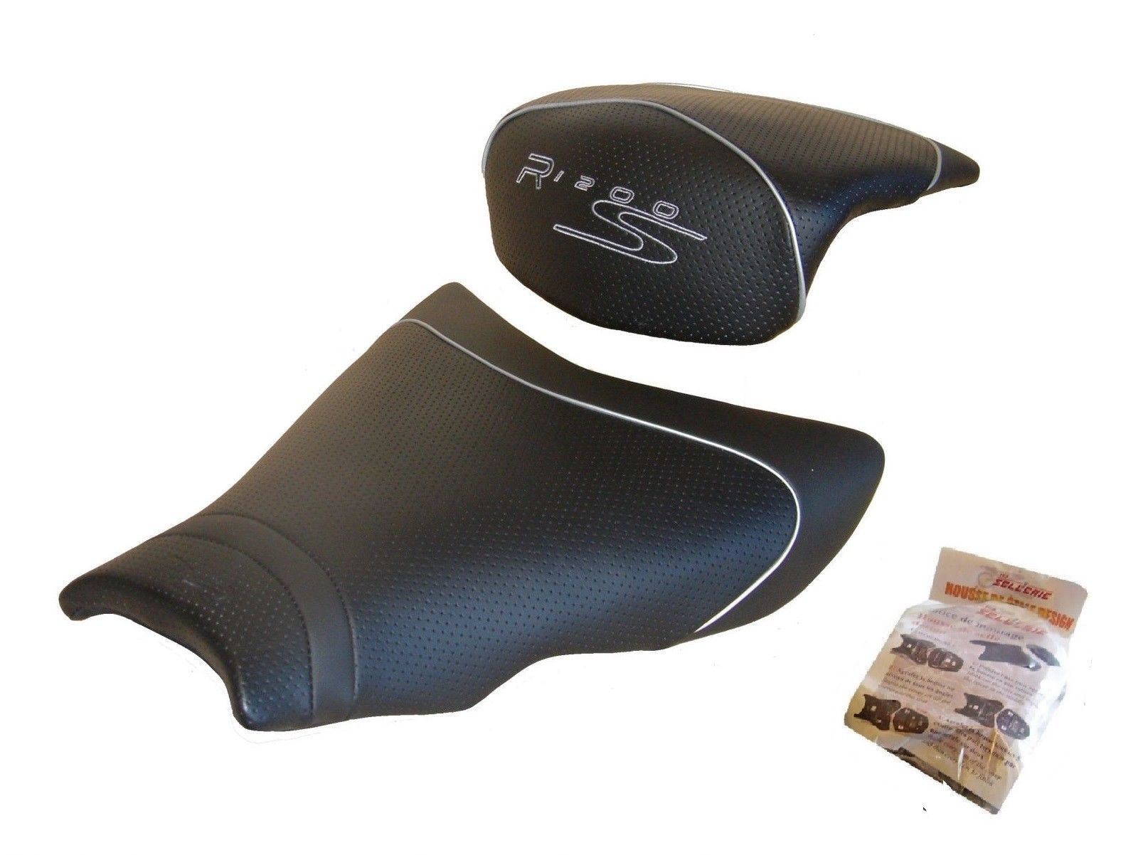 Housse de selle Top Sellerie pour BMW R1200S en cuir synthétique haut de gamme noir et blanc A