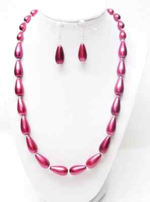 Brick Red Teardrop Glass Pearl w/Crystal Seed Bead Necklace/Earrings Set
