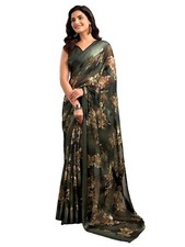 Women's Georgette Floral Printed Satin Stripe Saree with Unstitched Blouse Piece