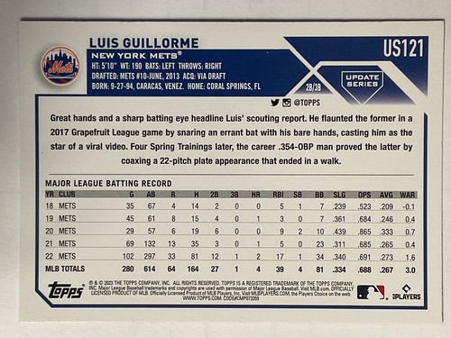 2023 Topps # US121 Orange and Black Luis Guillorme NY Mets - Picture 2 of 2