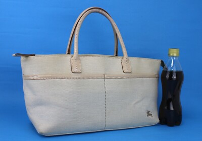 BURBERRY London Blue Label Beige Canvas & Leather Tote Hand Bag