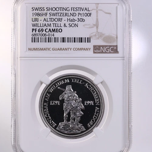 1986 Switzerland 100 Fr 1oz Proof Platinum Shooting Thaler NGC PF69 Cameo
