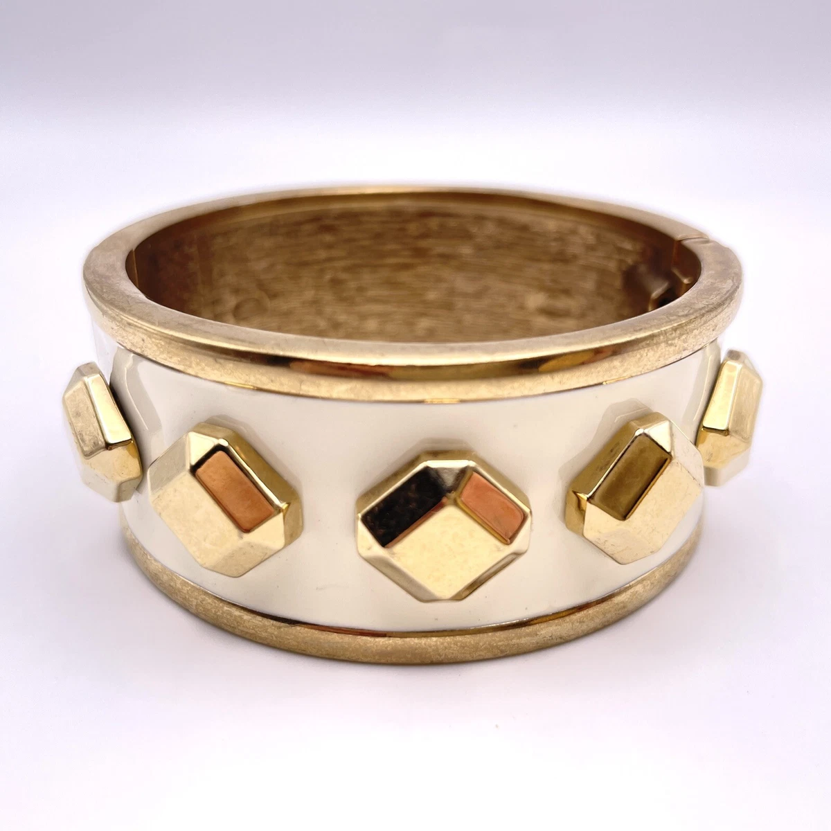 Ann Taylor Gold Beige Hinged Clamp Cuff Bracelet Bold Diamond