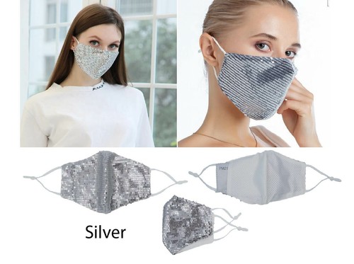 Sequin Facemask Face covering w/ filter Cloth Black, Pink, Silver Unisex Adult - Picture 9 of 12
