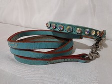 Rare Vtg Rhinestone Jeweled Turquoise Leather Pet Collar & Leash Set 11.5"-13.5"