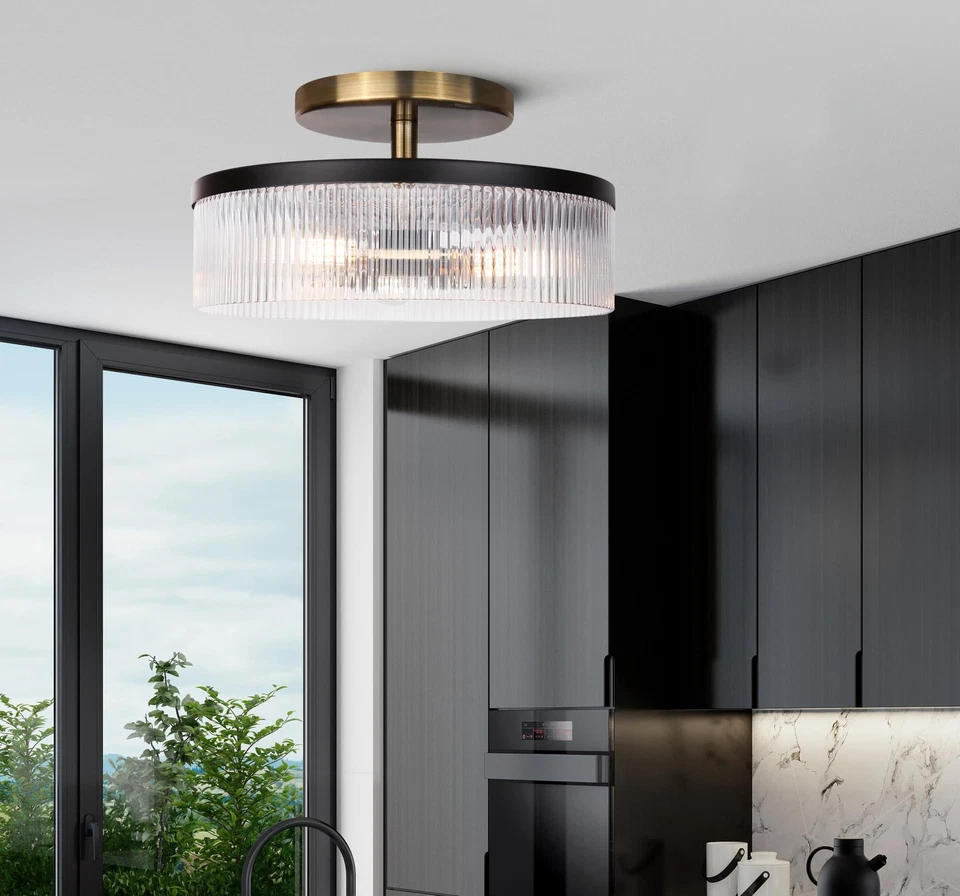 Luz de techo Jenner de montaje semi-al ras de 3 luces, 15 pulgadas negro mate y dorado F... Foto 3 de 4