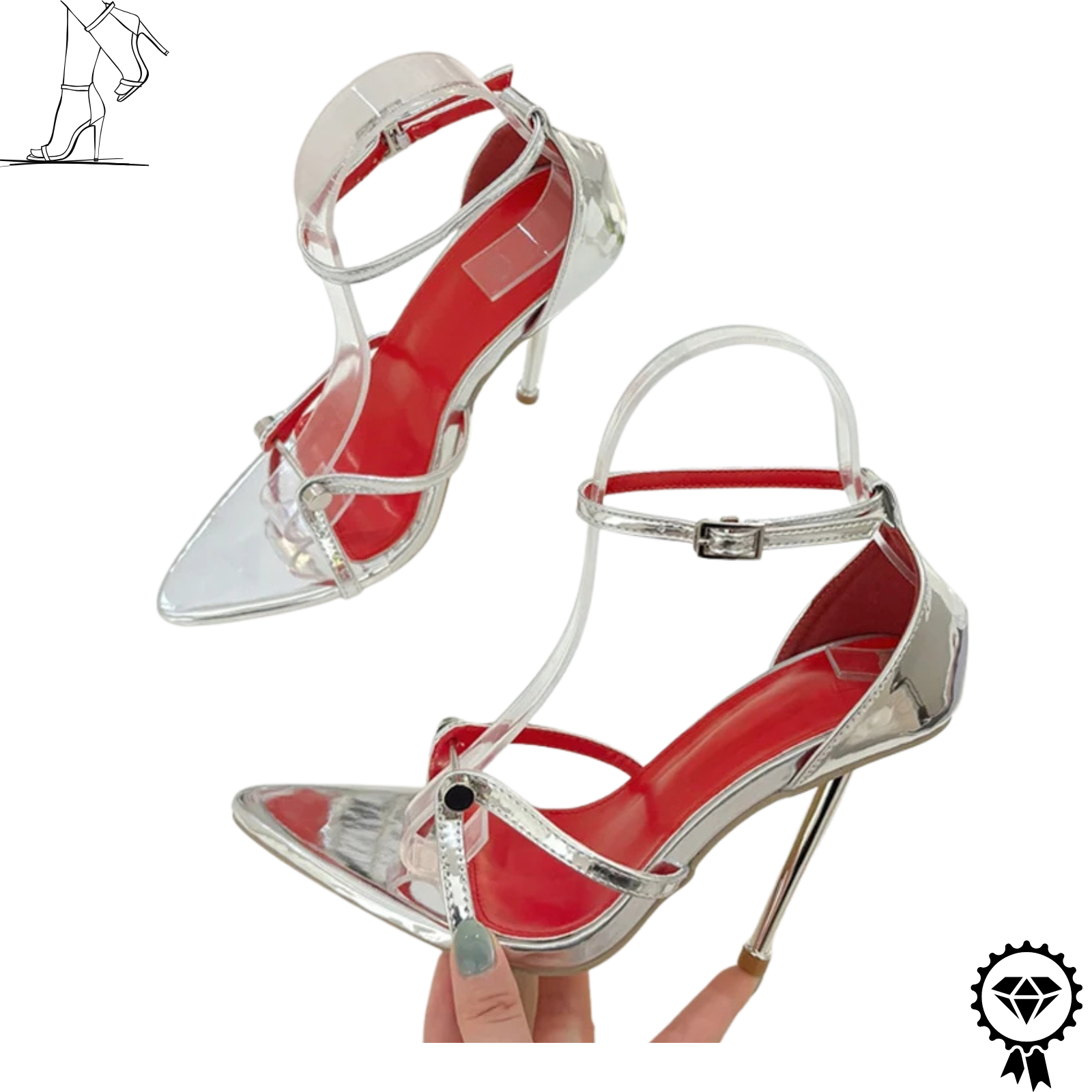 Sexy Ankle Strap Silver Sandals Women Pointed Toe High Heels Party Shoes Mules