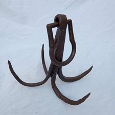 Primitive Antique Hand Forged Iron 4 Prong Meat Hook Heavy Duty Country Farm