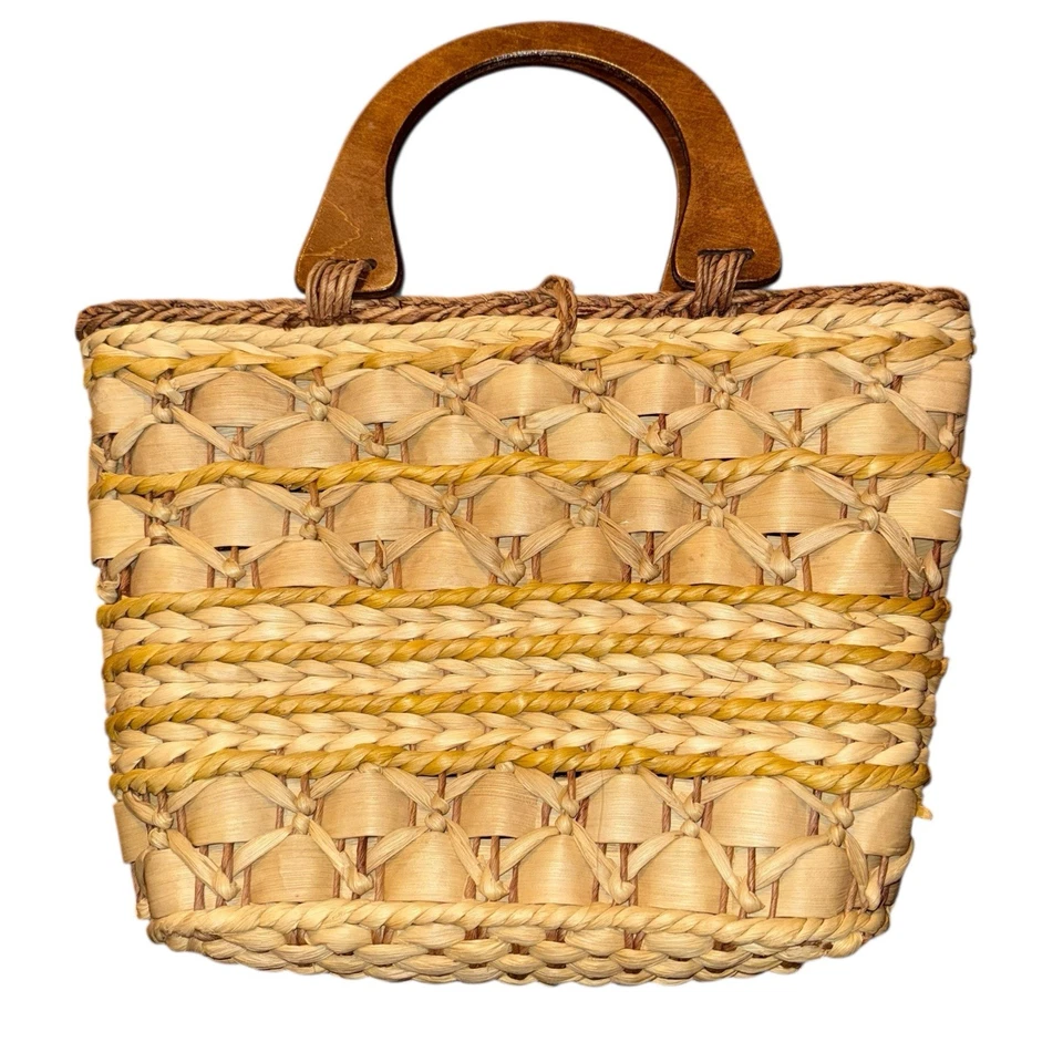 Bolso de Mano Vintage Tejido de Paja Asas de Madera Boho Verano Cartera Estilo Cesta 14x9.5 Foto 2 de 4