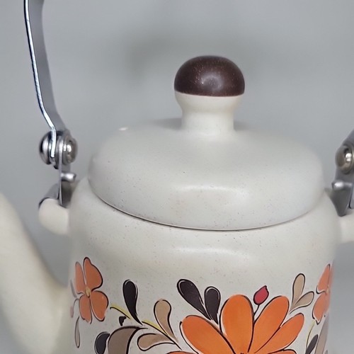 60er Jahre Japan Steingut Teekanne Holzgriff florales Design orange gelb Blumen *** - Bild 6 von 24