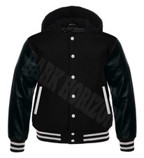 Varsity letterman Black wool Black Real Leather Sleeve White Trim College Hoody
