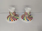 Pair Of Hand Painted Fenton Milk Glass Hobnail Candle Holders Rainbow Of M&Ms