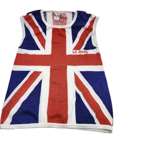 Def Leppard Tour Union Jack Flag Print Top White 1980s vintage concert t-shirt, vintage, size S, single stitch, B+ condition