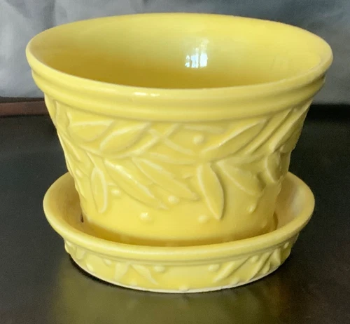 McCoy Planter Yellow Leaves Hobnail Pot with attached Saucer Vintage