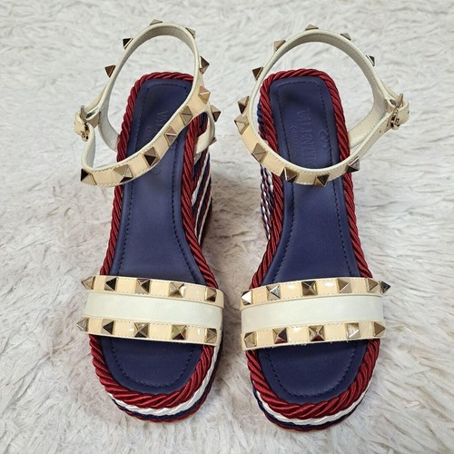 VALENTINO GARAVANI Rockstud Suela de cuña Sandalia Azul Blanco Talla US5 EU35... - Imagen 2 de 8