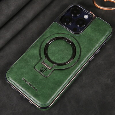 Leather Metal Magnetic Bracket Case Cover For iPhone 16 Plus Screen Protector