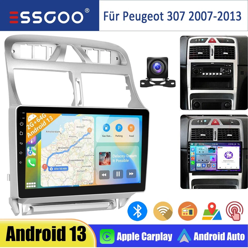 9" Android 13 Apple Carplay Autoradio Für Peugeot 307 02-2013 2+64G GPS RDS Cam - Bild 1 von 4
