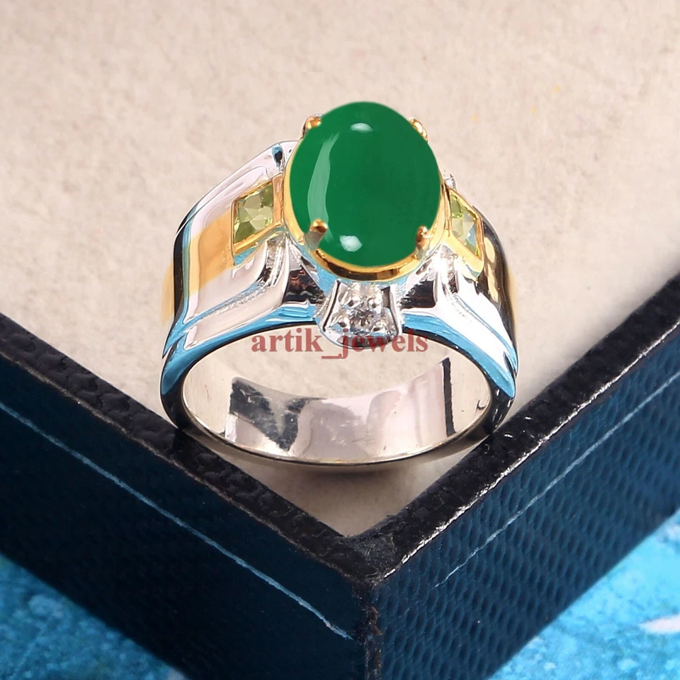 Anillo De Hombre De Ónix Verde Natural Y Peridoto Con Plata De Ley 925 #5868 - Imagen 2 de 4