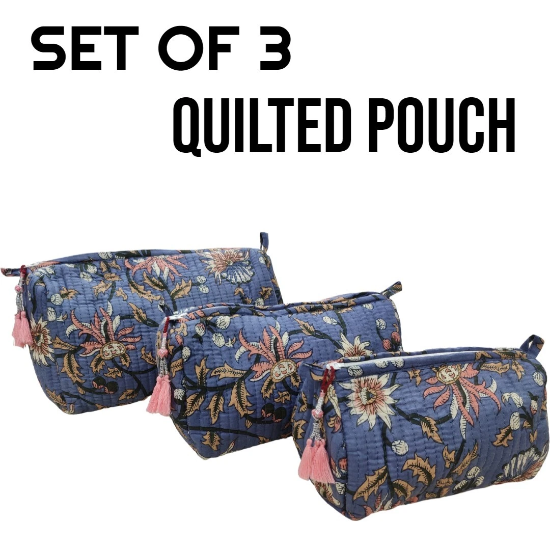 100%Cotton Blue Floral Quilted Toiletry Bag Indian Unisex Makeup Bags 3 Pcs. Set