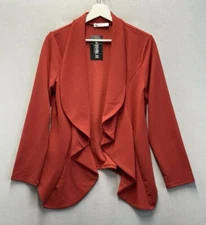Doublju Women’s Brick Red Long Sleeve Open Front Draped Blazer Jacket Size Large